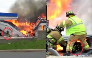 CAUGHT ON CAMERA: Firefighter trapped under burning gas station